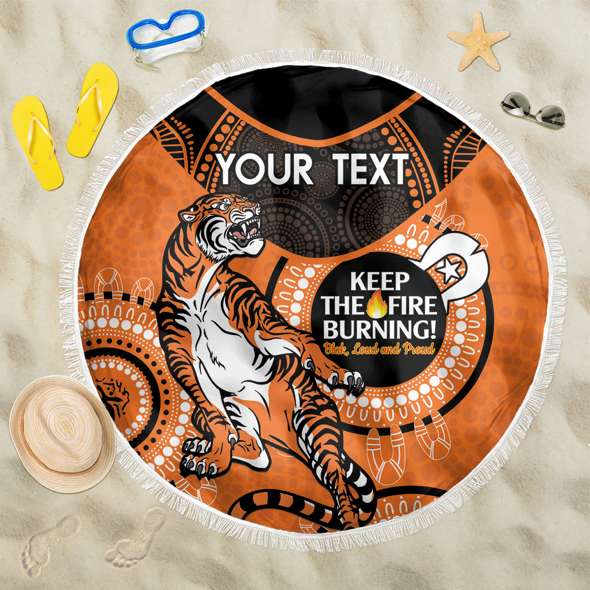 Custom NRL Tigers NAIDOC Week Beach Blanket Keep The Fire Burning Indigenous Art