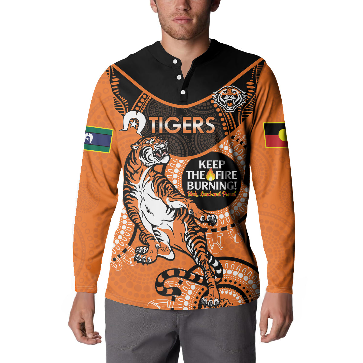 Custom NRL Tigers NAIDOC Week Button Sweatshirt Keep The Fire Burning Indigenous Art