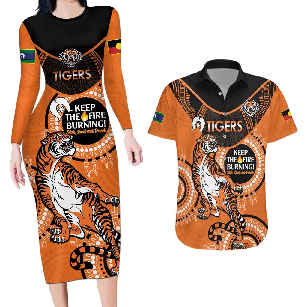 Custom NRL Tigers NAIDOC Week Couples Matching Long Sleeve Bodycon Dress and Hawaiian Shirt Keep The Fire Burning Indigenous Art