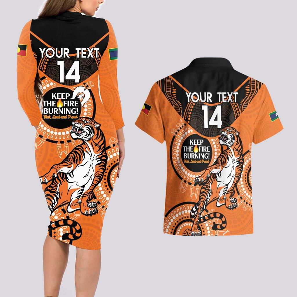 Custom NRL Tigers NAIDOC Week Couples Matching Long Sleeve Bodycon Dress and Hawaiian Shirt Keep The Fire Burning Indigenous Art