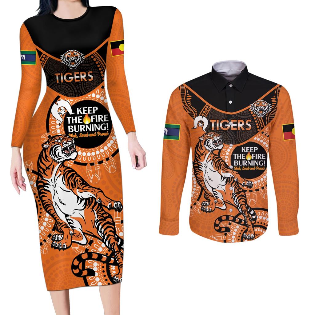 Custom NRL Tigers NAIDOC Week Couples Matching Long Sleeve Bodycon Dress and Long Sleeve Button Shirt Keep The Fire Burning Indigenous Art