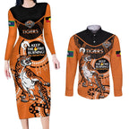 Custom NRL Tigers NAIDOC Week Couples Matching Long Sleeve Bodycon Dress and Long Sleeve Button Shirt Keep The Fire Burning Indigenous Art