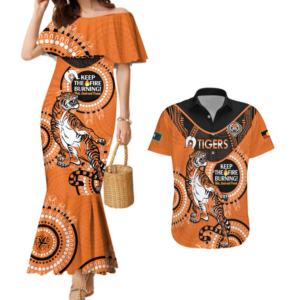 Custom NRL Tigers NAIDOC Week Couples Matching Mermaid Dress and Hawaiian Shirt Keep The Fire Burning Indigenous Art