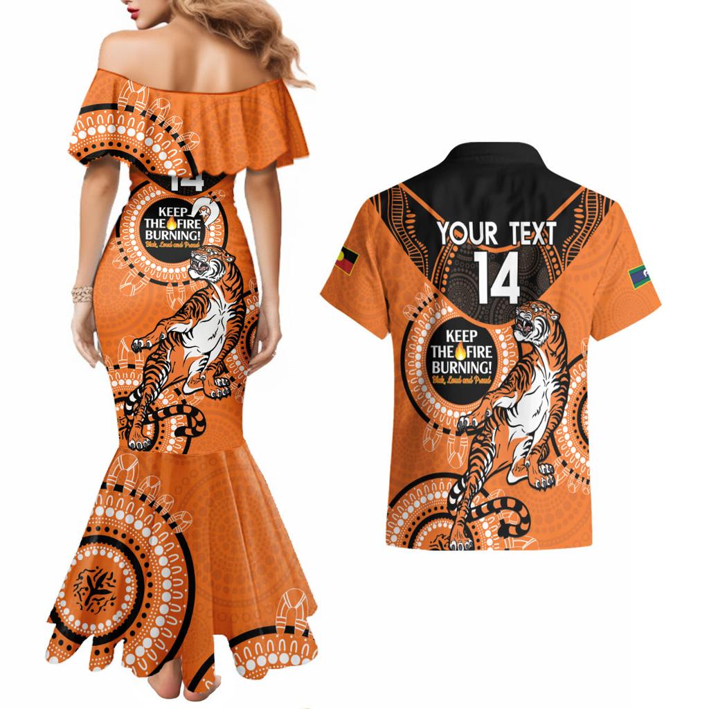 Custom NRL Tigers NAIDOC Week Couples Matching Mermaid Dress and Hawaiian Shirt Keep The Fire Burning Indigenous Art