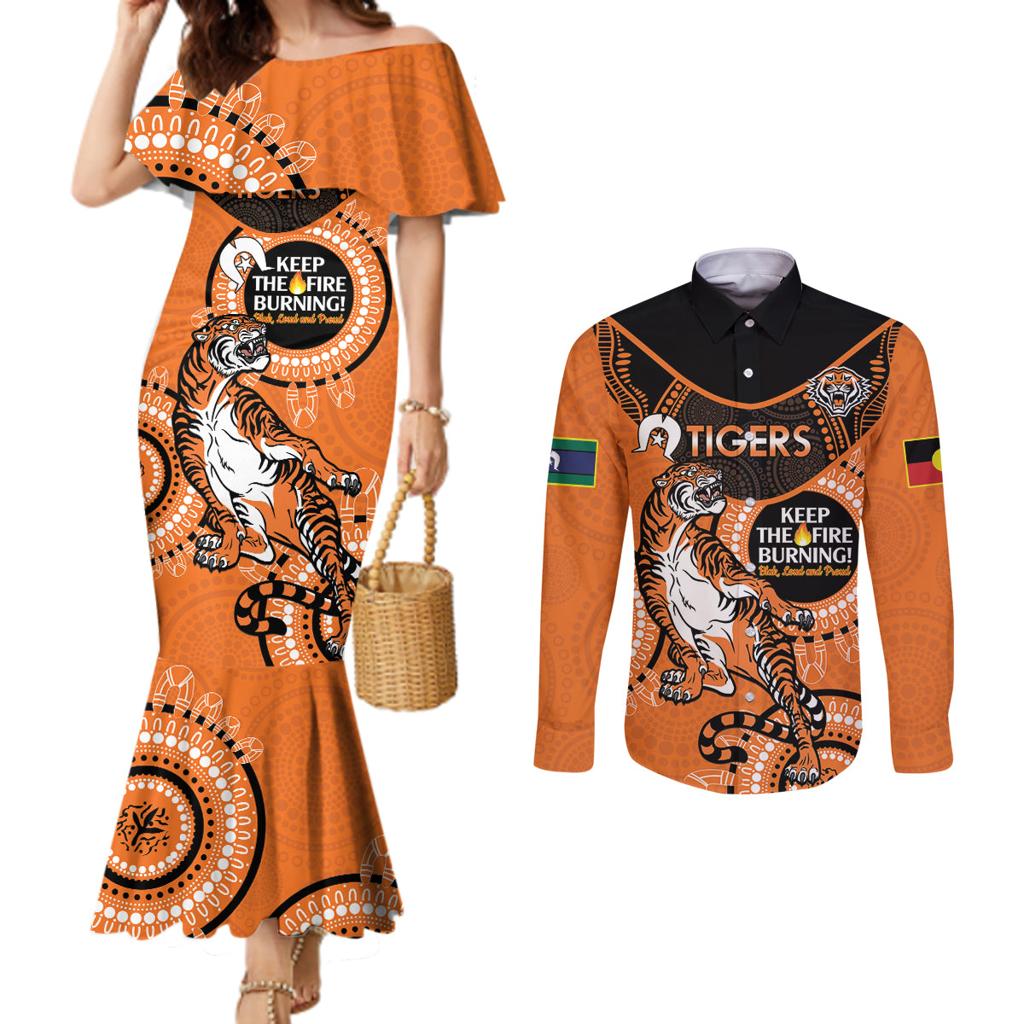 Custom NRL Tigers NAIDOC Week Couples Matching Mermaid Dress and Long Sleeve Button Shirt Keep The Fire Burning Indigenous Art