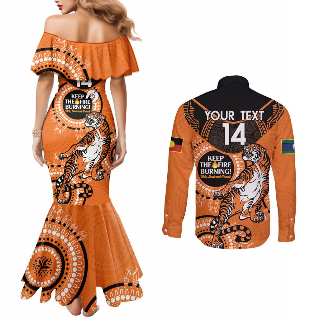 Custom NRL Tigers NAIDOC Week Couples Matching Mermaid Dress and Long Sleeve Button Shirt Keep The Fire Burning Indigenous Art