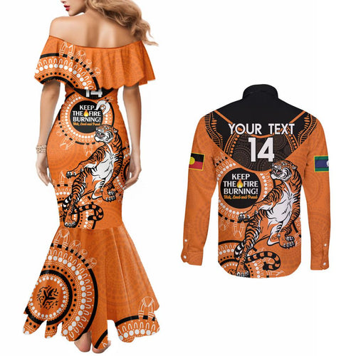 Custom NRL Tigers NAIDOC Week Couples Matching Mermaid Dress and Long Sleeve Button Shirt Keep The Fire Burning Indigenous Art