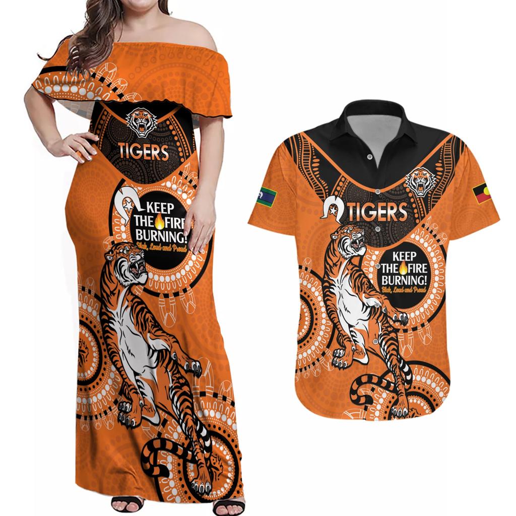 Custom NRL Tigers NAIDOC Week Couples Matching Off Shoulder Maxi Dress and Hawaiian Shirt Keep The Fire Burning Indigenous Art