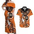 Custom NRL Tigers NAIDOC Week Couples Matching Off Shoulder Maxi Dress and Hawaiian Shirt Keep The Fire Burning Indigenous Art