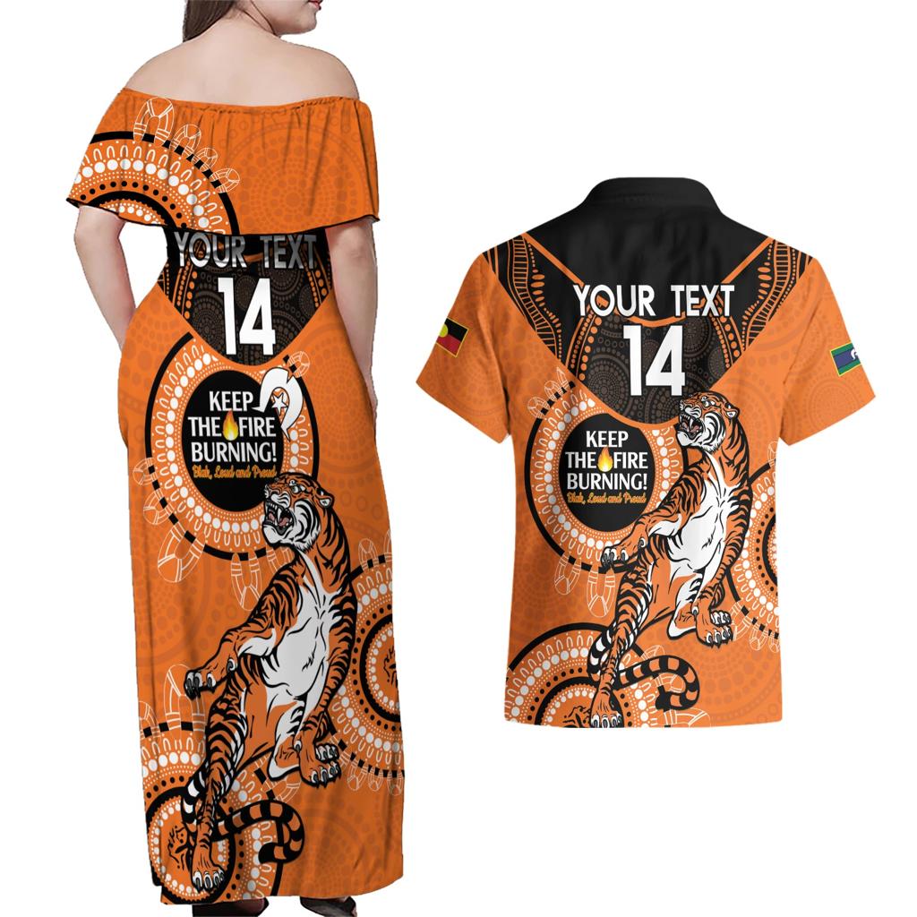Custom NRL Tigers NAIDOC Week Couples Matching Off Shoulder Maxi Dress and Hawaiian Shirt Keep The Fire Burning Indigenous Art