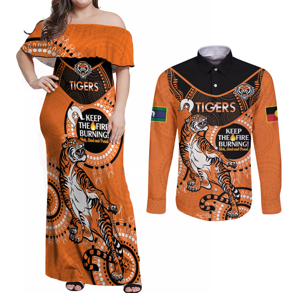 Custom NRL Tigers NAIDOC Week Couples Matching Off Shoulder Maxi Dress and Long Sleeve Button Shirt Keep The Fire Burning Indigenous Art