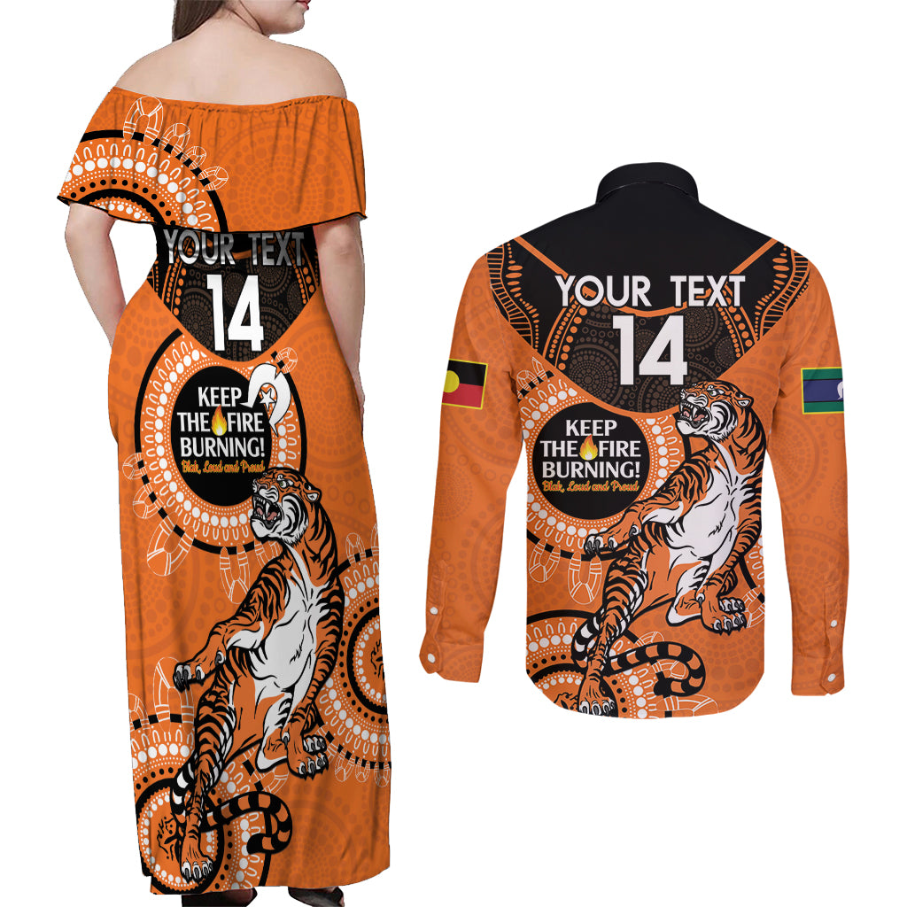 Custom NRL Tigers NAIDOC Week Couples Matching Off Shoulder Maxi Dress and Long Sleeve Button Shirt Keep The Fire Burning Indigenous Art