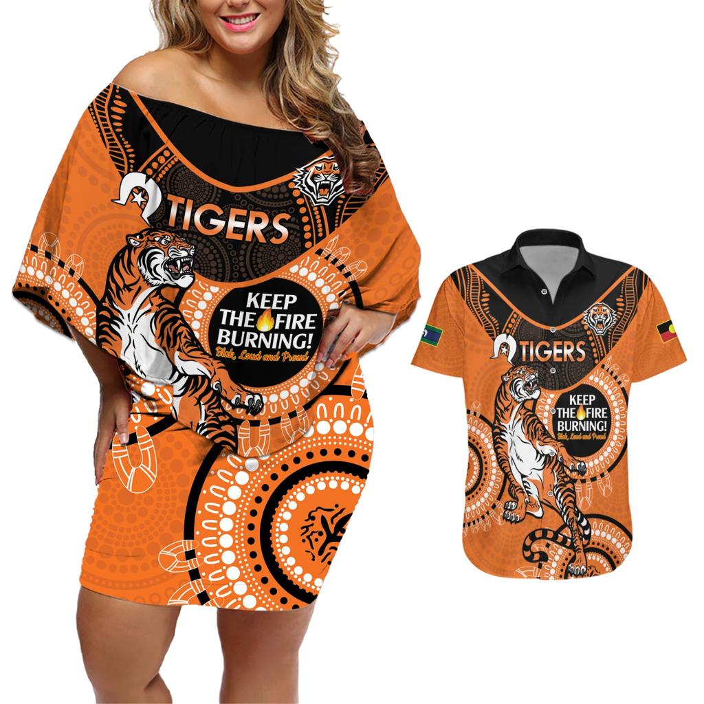 Custom NRL Tigers NAIDOC Week Couples Matching Off Shoulder Short Dress and Hawaiian Shirt Keep The Fire Burning Indigenous Art