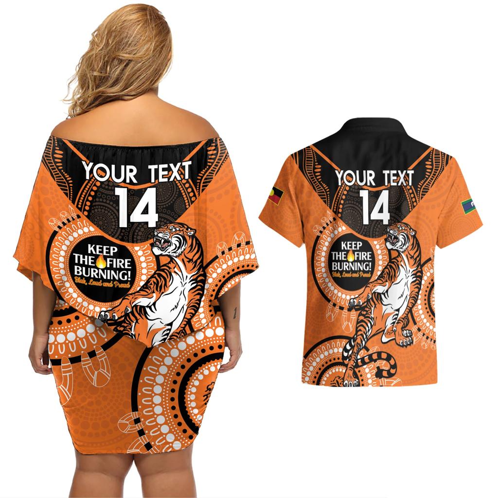 Custom NRL Tigers NAIDOC Week Couples Matching Off Shoulder Short Dress and Hawaiian Shirt Keep The Fire Burning Indigenous Art
