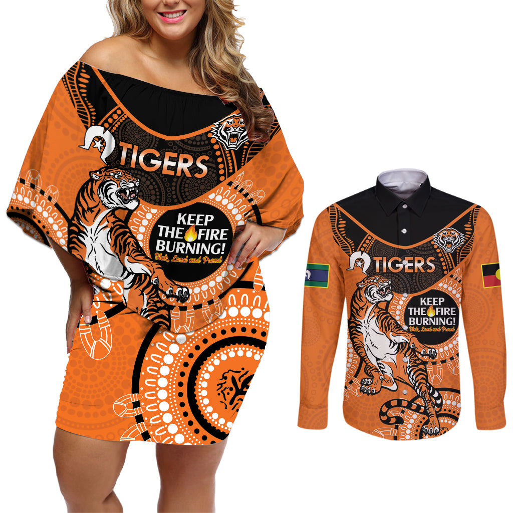 Custom NRL Tigers NAIDOC Week Couples Matching Off Shoulder Short Dress and Long Sleeve Button Shirt Keep The Fire Burning Indigenous Art