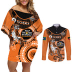 Custom NRL Tigers NAIDOC Week Couples Matching Off Shoulder Short Dress and Long Sleeve Button Shirt Keep The Fire Burning Indigenous Art