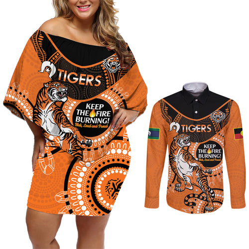 Custom NRL Tigers NAIDOC Week Couples Matching Off Shoulder Short Dress and Long Sleeve Button Shirt Keep The Fire Burning Indigenous Art