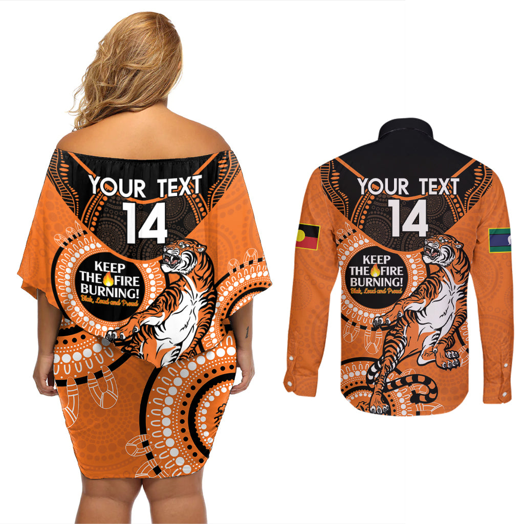Custom NRL Tigers NAIDOC Week Couples Matching Off Shoulder Short Dress and Long Sleeve Button Shirt Keep The Fire Burning Indigenous Art