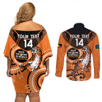 Custom NRL Tigers NAIDOC Week Couples Matching Off Shoulder Short Dress and Long Sleeve Button Shirt Keep The Fire Burning Indigenous Art