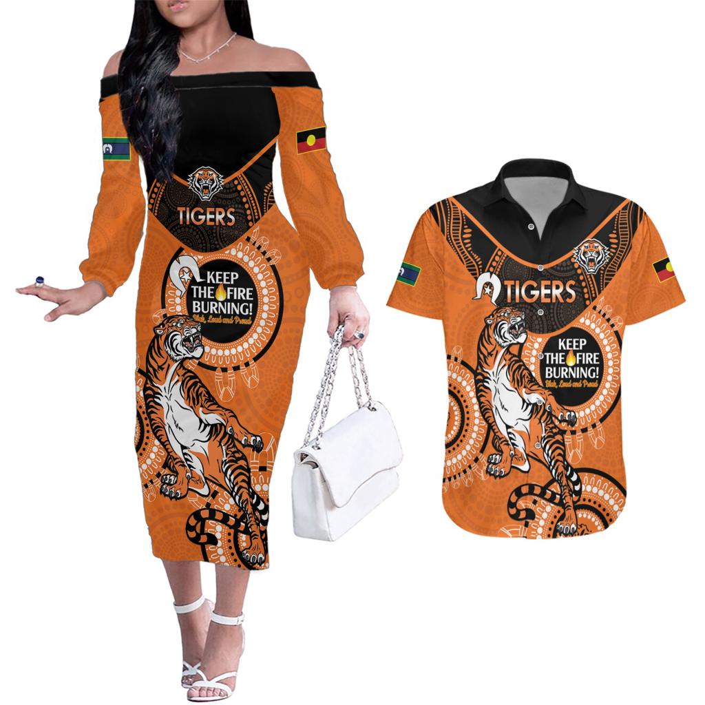 Custom NRL Tigers NAIDOC Week Couples Matching Off The Shoulder Long Sleeve Dress and Hawaiian Shirt Keep The Fire Burning Indigenous Art