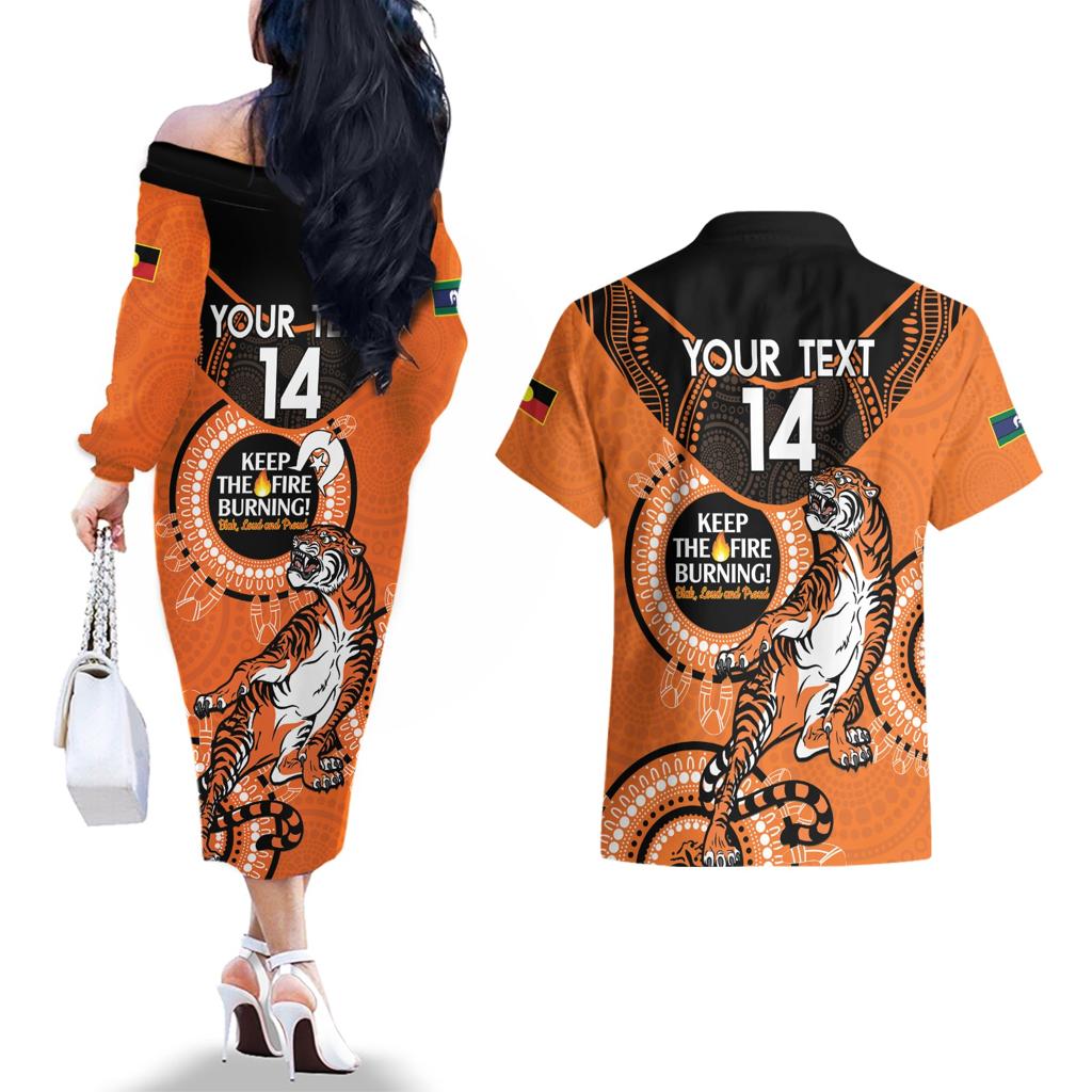 Custom NRL Tigers NAIDOC Week Couples Matching Off The Shoulder Long Sleeve Dress and Hawaiian Shirt Keep The Fire Burning Indigenous Art