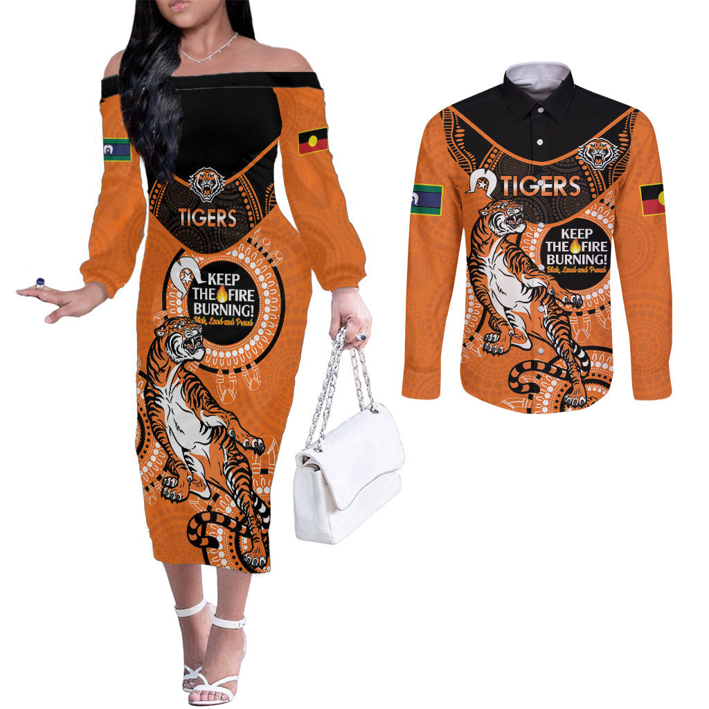 Custom NRL Tigers NAIDOC Week Couples Matching Off The Shoulder Long Sleeve Dress and Long Sleeve Button Shirt Keep The Fire Burning Indigenous Art