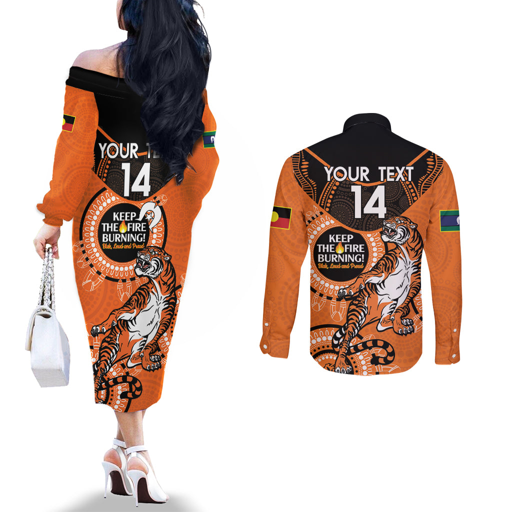 Custom NRL Tigers NAIDOC Week Couples Matching Off The Shoulder Long Sleeve Dress and Long Sleeve Button Shirt Keep The Fire Burning Indigenous Art