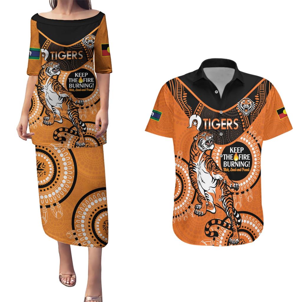 Custom NRL Tigers NAIDOC Week Couples Matching Puletasi and Hawaiian Shirt Keep The Fire Burning Indigenous Art