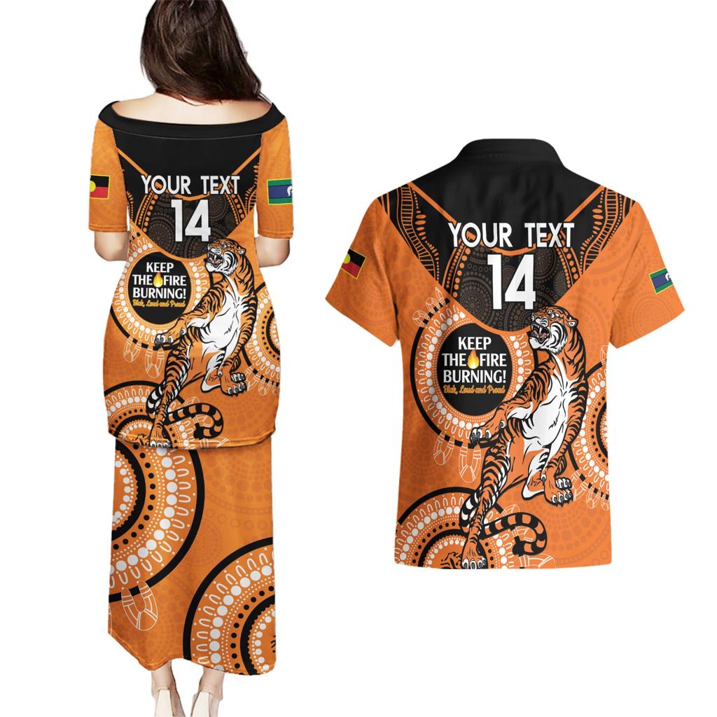 Custom NRL Tigers NAIDOC Week Couples Matching Puletasi and Hawaiian Shirt Keep The Fire Burning Indigenous Art