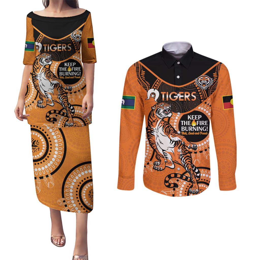 Custom NRL Tigers NAIDOC Week Couples Matching Puletasi and Long Sleeve Button Shirt Keep The Fire Burning Indigenous Art