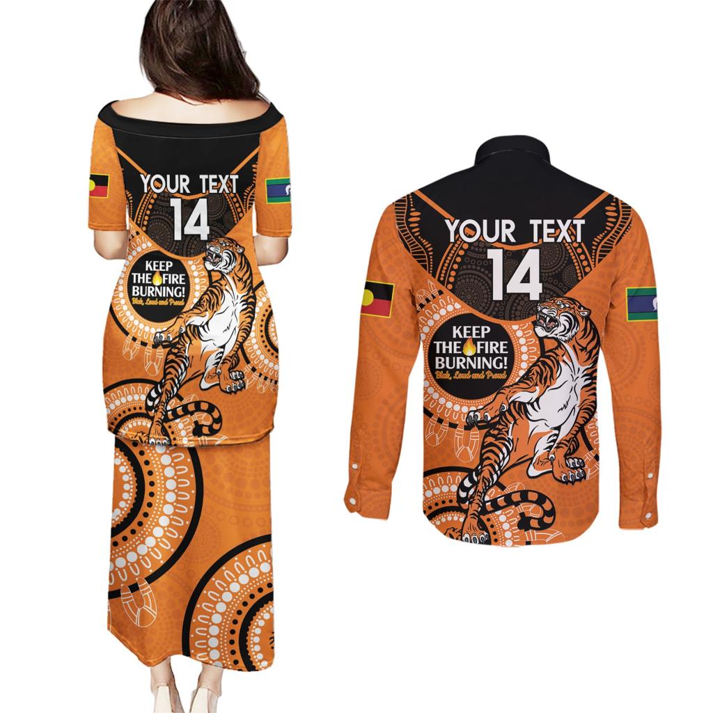 Custom NRL Tigers NAIDOC Week Couples Matching Puletasi and Long Sleeve Button Shirt Keep The Fire Burning Indigenous Art