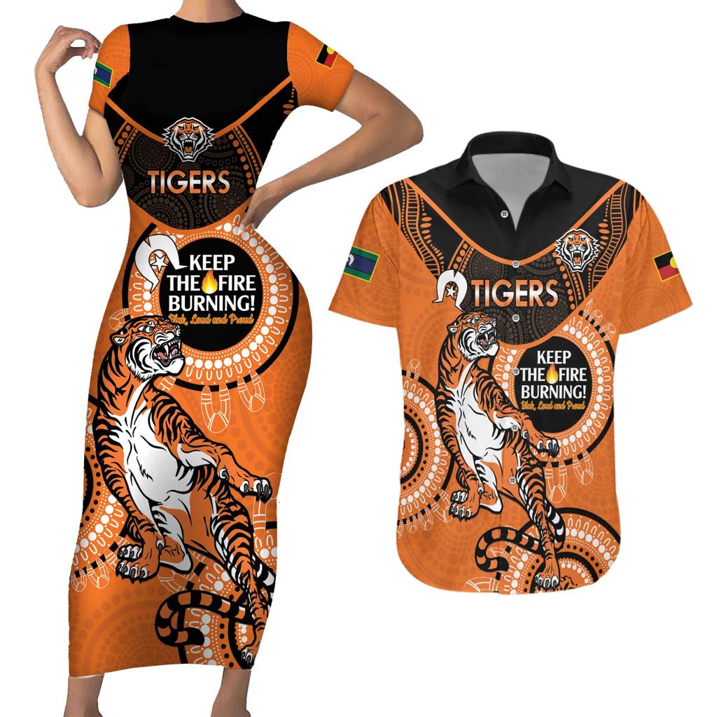 Custom NRL Tigers NAIDOC Week Couples Matching Short Sleeve Bodycon Dress and Hawaiian Shirt Keep The Fire Burning Indigenous Art