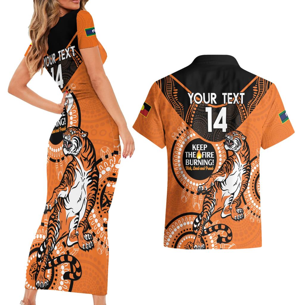 Custom NRL Tigers NAIDOC Week Couples Matching Short Sleeve Bodycon Dress and Hawaiian Shirt Keep The Fire Burning Indigenous Art