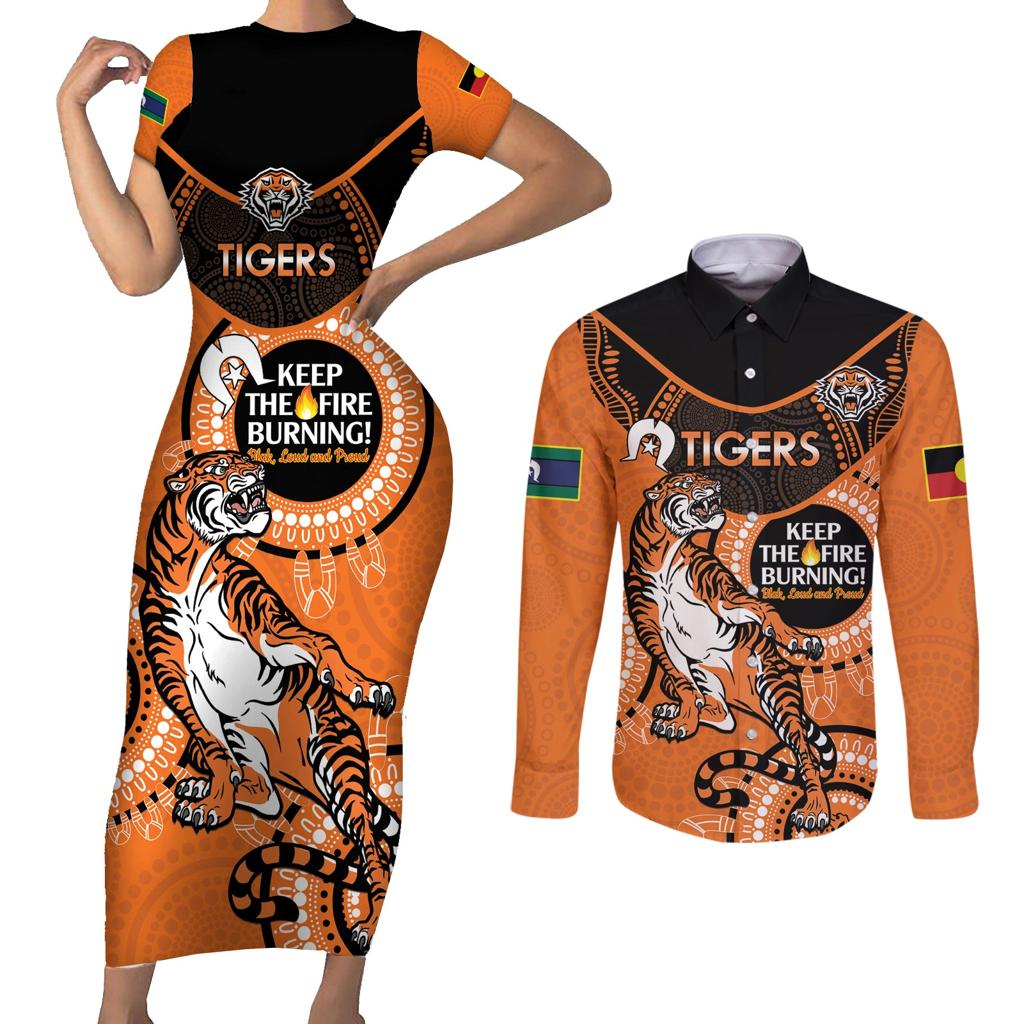 Custom NRL Tigers NAIDOC Week Couples Matching Short Sleeve Bodycon Dress and Long Sleeve Button Shirt Keep The Fire Burning Indigenous Art