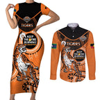 Custom NRL Tigers NAIDOC Week Couples Matching Short Sleeve Bodycon Dress and Long Sleeve Button Shirt Keep The Fire Burning Indigenous Art