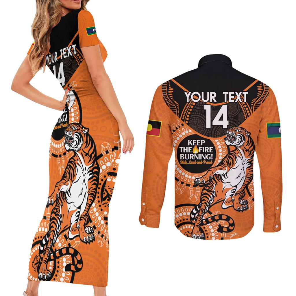Custom NRL Tigers NAIDOC Week Couples Matching Short Sleeve Bodycon Dress and Long Sleeve Button Shirt Keep The Fire Burning Indigenous Art