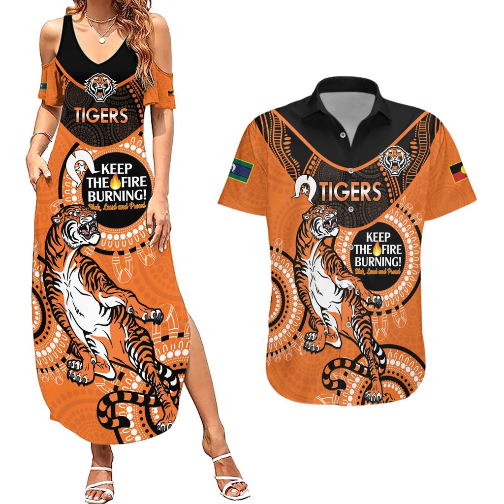 Custom NRL Tigers NAIDOC Week Couples Matching Summer Maxi Dress and Hawaiian Shirt Keep The Fire Burning Indigenous Art