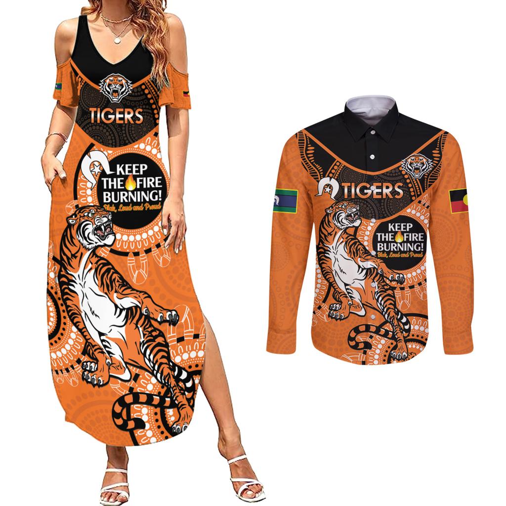 Custom NRL Tigers NAIDOC Week Couples Matching Summer Maxi Dress and Long Sleeve Button Shirt Keep The Fire Burning Indigenous Art