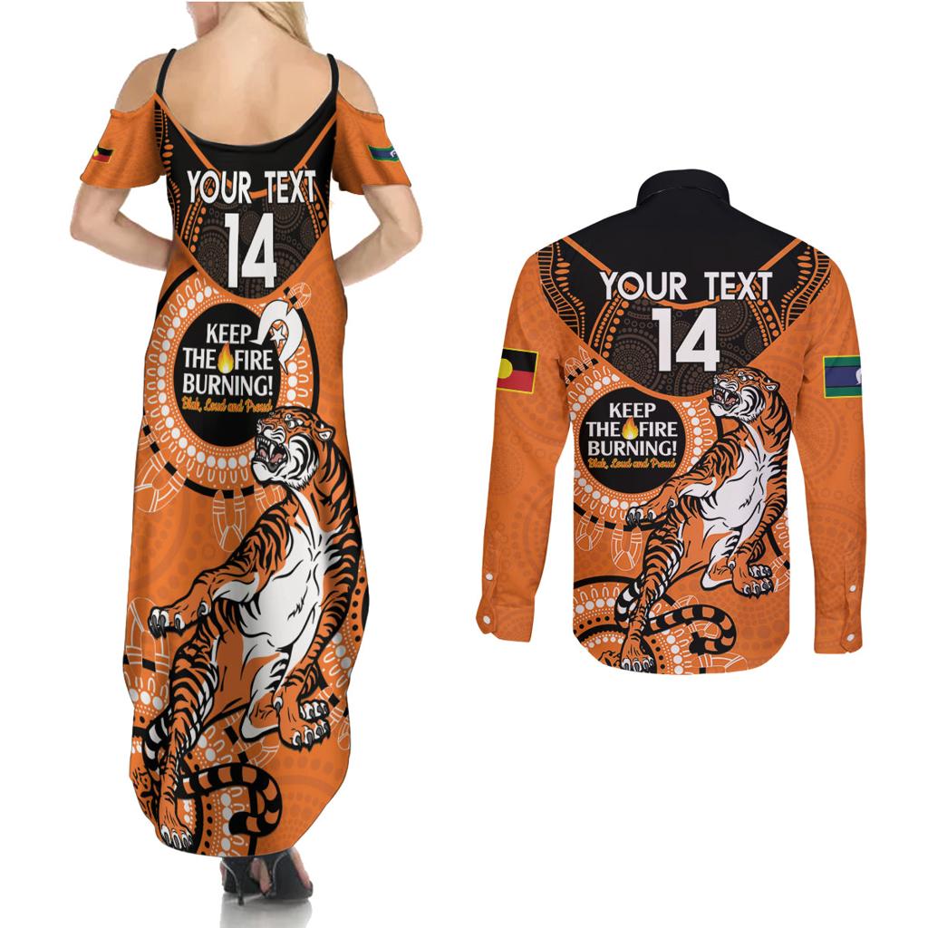 Custom NRL Tigers NAIDOC Week Couples Matching Summer Maxi Dress and Long Sleeve Button Shirt Keep The Fire Burning Indigenous Art