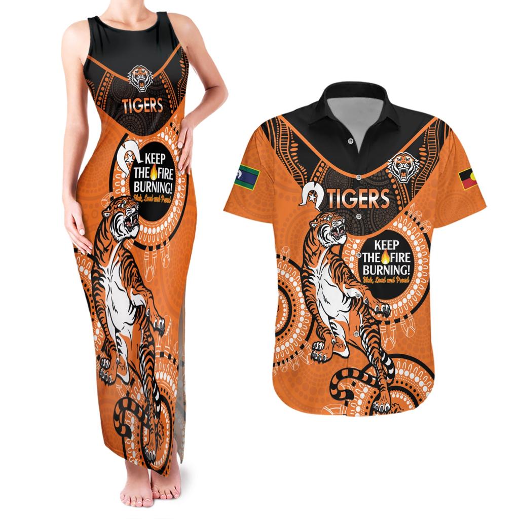 Custom NRL Tigers NAIDOC Week Couples Matching Tank Maxi Dress and Hawaiian Shirt Keep The Fire Burning Indigenous Art