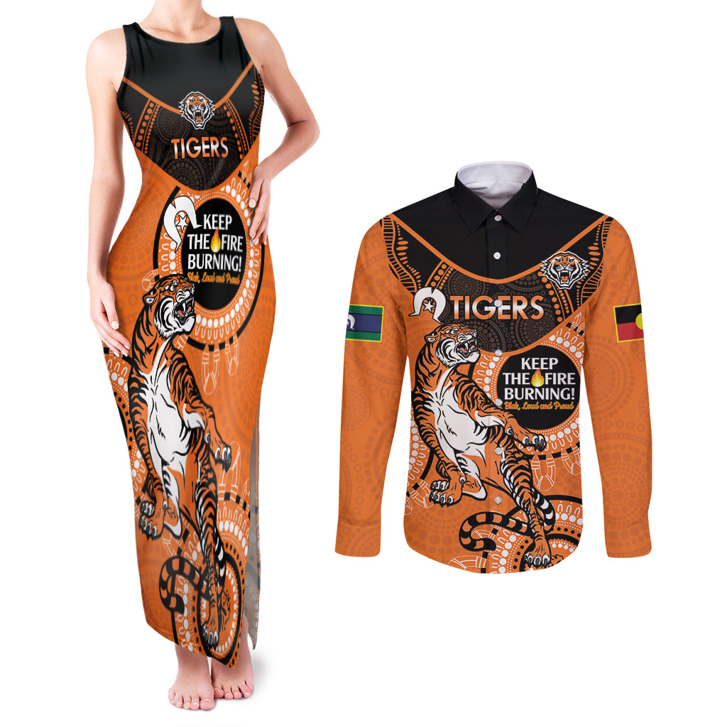 Custom NRL Tigers NAIDOC Week Couples Matching Tank Maxi Dress and Long Sleeve Button Shirt Keep The Fire Burning Indigenous Art