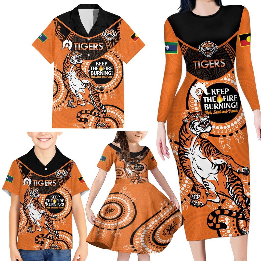 Custom NRL Tigers NAIDOC Week Family Matching Long Sleeve Bodycon Dress and Hawaiian Shirt Keep The Fire Burning Indigenous Art
