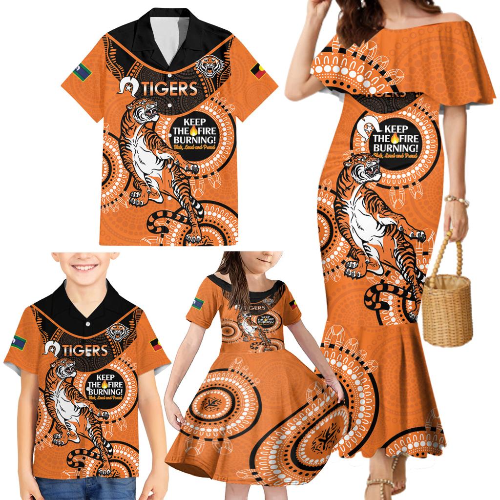 Custom NRL Tigers NAIDOC Week Family Matching Mermaid Dress and Hawaiian Shirt Keep The Fire Burning Indigenous Art