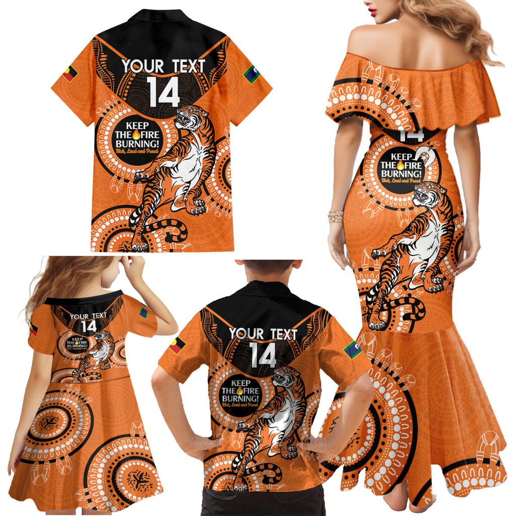 Custom NRL Tigers NAIDOC Week Family Matching Mermaid Dress and Hawaiian Shirt Keep The Fire Burning Indigenous Art