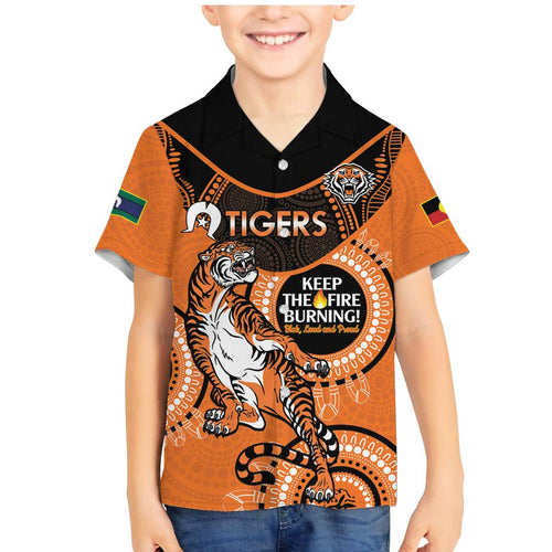 Custom NRL Tigers NAIDOC Week Family Matching Mermaid Dress and Hawaiian Shirt Keep The Fire Burning Indigenous Art