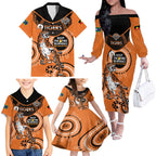 Custom NRL Tigers NAIDOC Week Family Matching Off The Shoulder Long Sleeve Dress and Hawaiian Shirt Keep The Fire Burning Indigenous Art