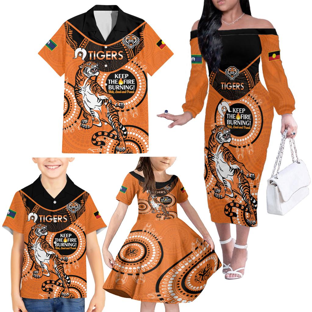 Custom NRL Tigers NAIDOC Week Family Matching Off The Shoulder Long Sleeve Dress and Hawaiian Shirt Keep The Fire Burning Indigenous Art