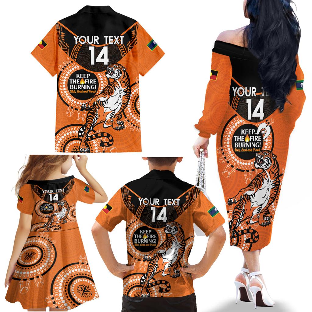 Custom NRL Tigers NAIDOC Week Family Matching Off The Shoulder Long Sleeve Dress and Hawaiian Shirt Keep The Fire Burning Indigenous Art