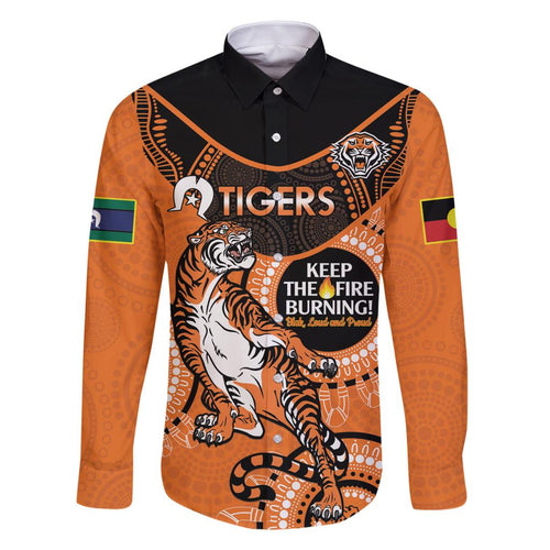 Custom NRL Tigers NAIDOC Week Family Matching Off The Shoulder Long Sleeve Dress and Hawaiian Shirt Keep The Fire Burning Indigenous Art