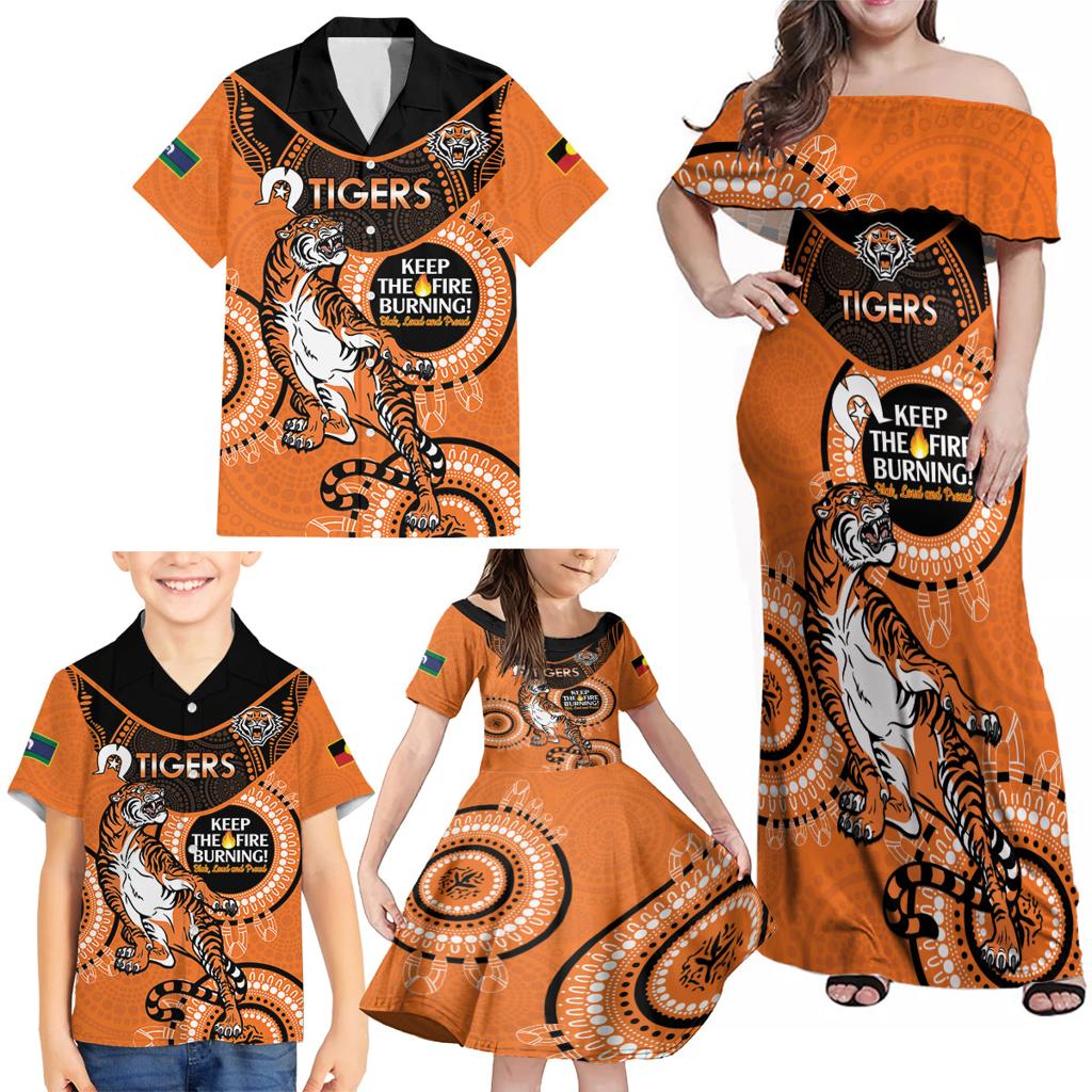 Custom NRL Tigers NAIDOC Week Family Matching Off Shoulder Maxi Dress and Hawaiian Shirt Keep The Fire Burning Indigenous Art